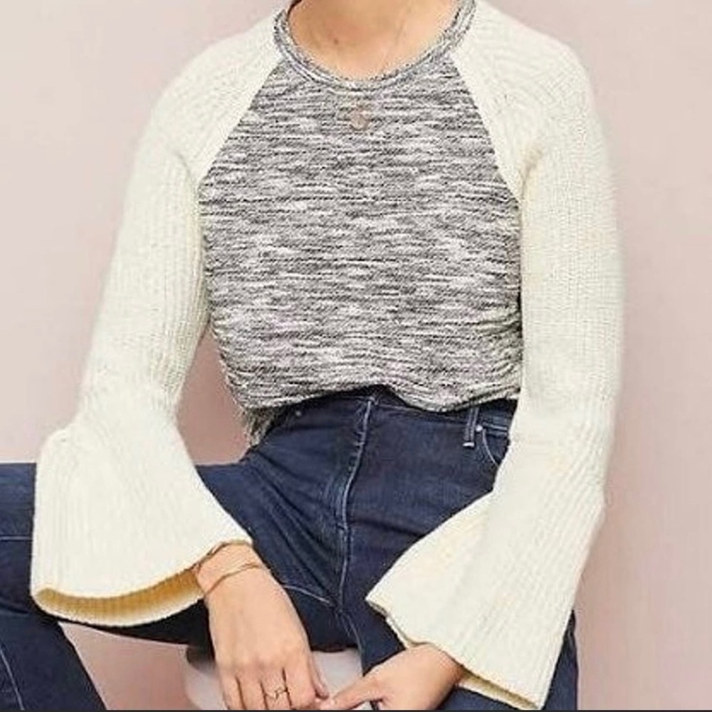 New Dolan Anthropologie Cream Gray Bell Sleeve Sweater bell sleeves large crew